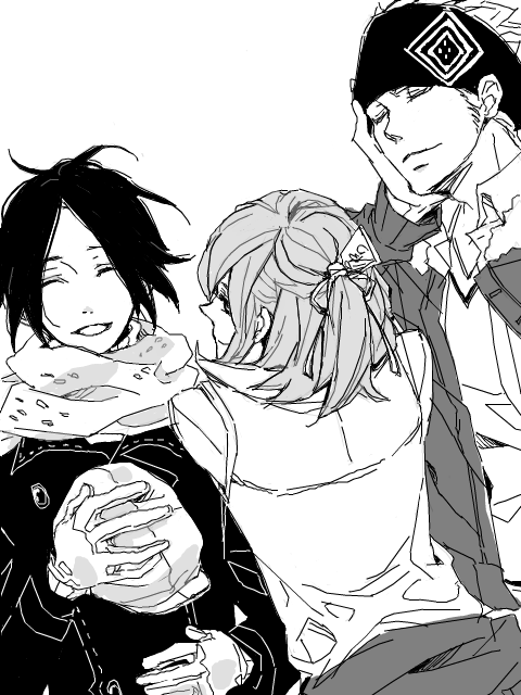 00s, 3boys, bandana, black_hair, closed_eyes, gloves, greyscale, hat, kamatani_yuuki, long_hair, male_focus, monochrome, multiple_boys, nabari_no_ou, parted_bangs, scarf, shimizu_raikou, short_hair, simple_background, smile, white_background, yoite, yukimi_kazuhiko