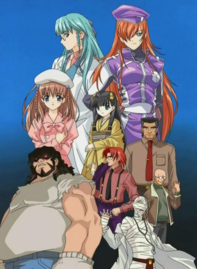 3girls, 5boys, androgynous, anime_screenshot, aqua_hair, bald, bandages, beard