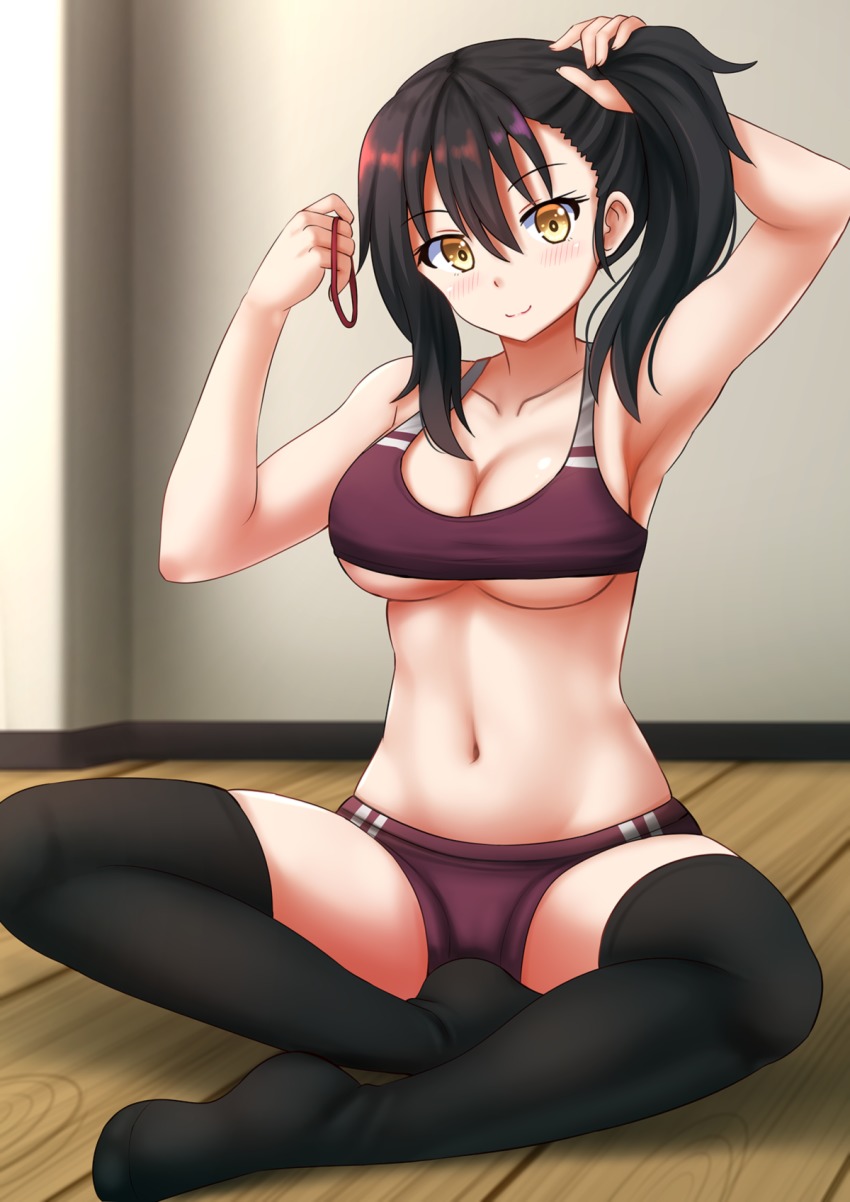 10s, 1girl, arms_up, black_hair, black_thighhighs, blush, bra, breasts