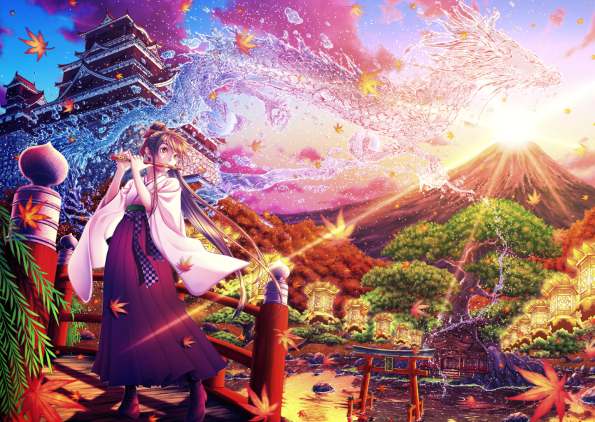 1girl, arch_bridge, architecture, ash_(bgash0207), autumn, autumn_leaves, bow, bridge, brown_eyes, brown_hair, east_asian_architecture, falling_leaves, female_focus, flute, hair_bow, hakama, hakama_short_skirt, hakama_skirt, high_ponytail, holding, holding_instrument, instrument, instrument_request, japanese_clothes, leaf, long_hair, looking_away, mountain, music, original, outdoors, pagoda, playing_instrument, ponytail, railing, red_bow, scenery, shakuhachi, skirt, solo, standing, sun, sunset, torii, tree, very_long_hair