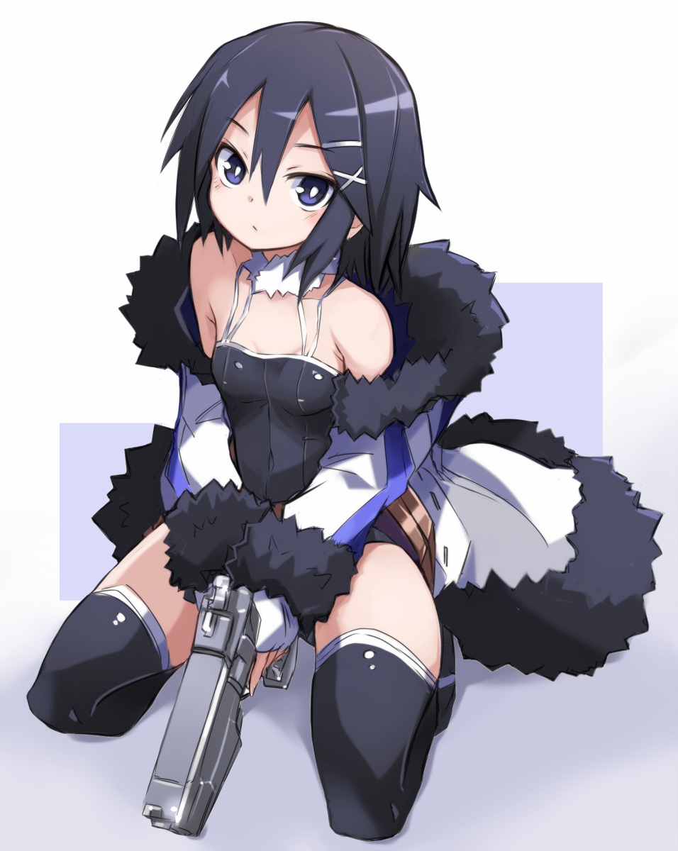 1girl, asagiri_asagi, bare_shoulders, black_camisole, black_hair, black_shorts, black_thighhighs, breasts