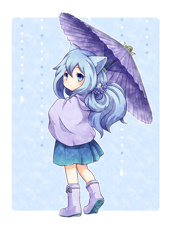 1girl, animal_ears, blue_background, blue_eyes, blue_hair, blue_skirt, blush, boots