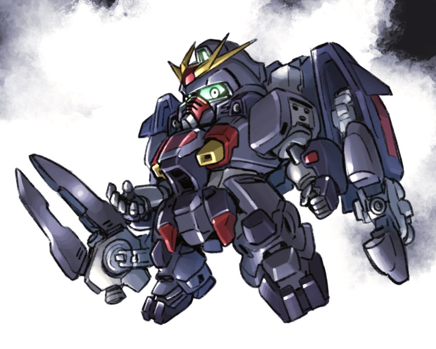 after_war_gundam_x, full_body, green_eyes, gundam, gundam_ashtaron_hermit_crab, highres, kato_takuji, looking_at_viewer, mecha, mecha_request, no_humans, robot, sd_gundam, solo