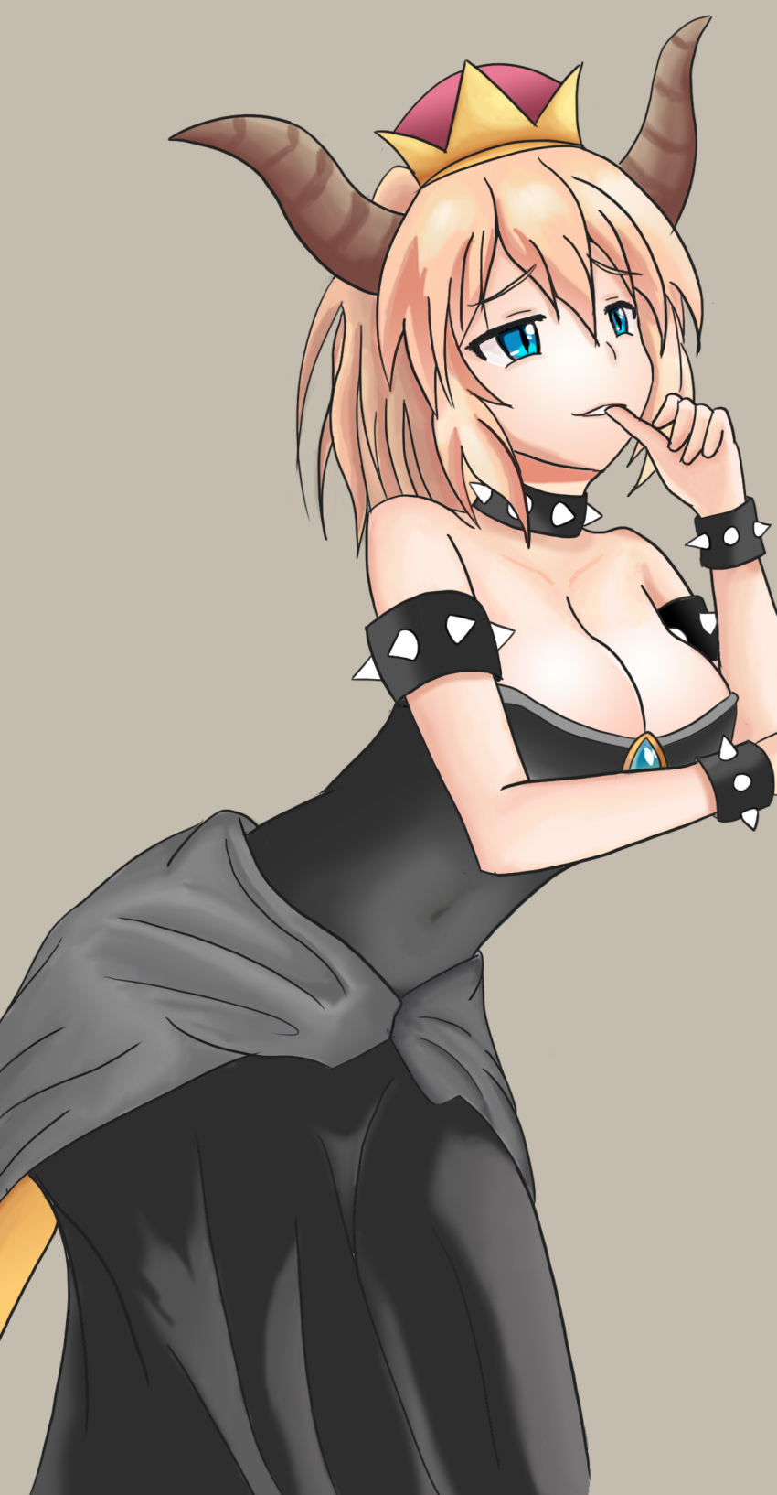 aqua_eyes, bare_shoulders, black_dress, blonde_hair, bowsette, bracelet, breasts, brooch