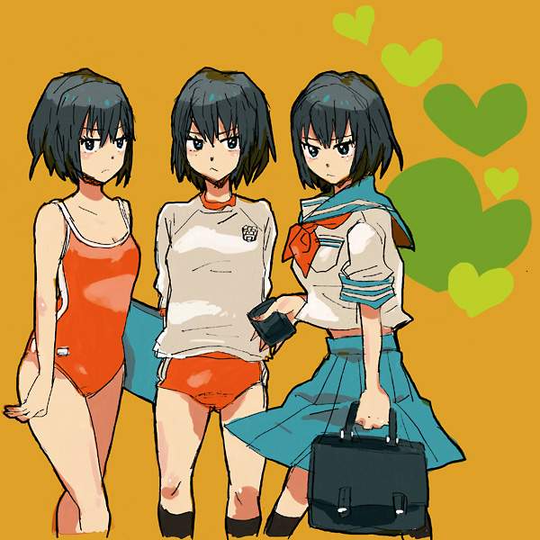 1girl, bag, black_hair, black_socks, blue_eyes, briefcase, buruma, gym_uniform