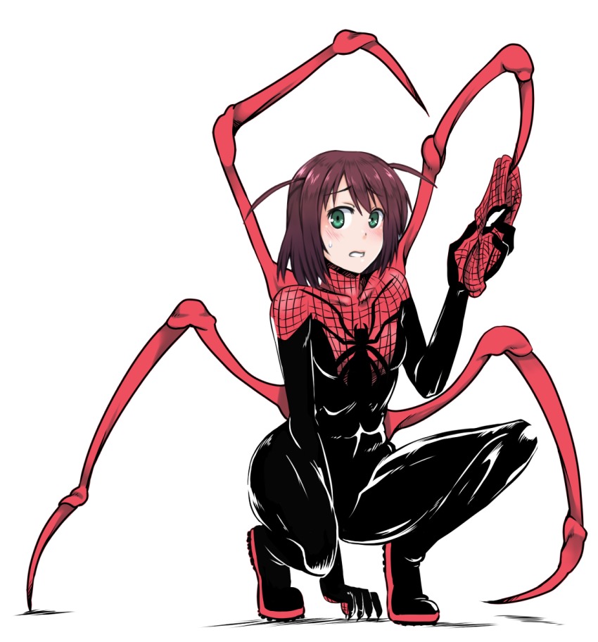1girl, abs, animal_print, arthropod_girl, arthropod_limbs, binkan-chan, black_bodysuit, blush, bodysuit, breasts, brown_hair, cosplay, crossover, female_focus, green_eyes, highres, insect_girl, marvel, mask, shimoneta_to_iu_gainen_ga_sonzai_shinai_taikutsu_na_sekai, short_twintails, solo, spider-man, spider-man_(cosplay), spider-man_(series), spider_girl, spider_print, spider_web_print, squatting, superior_spider-man, sweatdrop, techsupportdog, twintails, unworn_mask