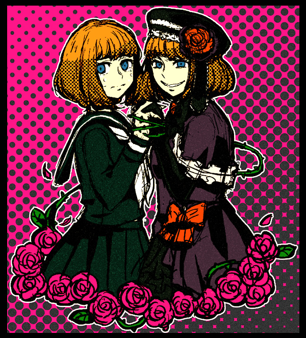 00s, blue_eyes, bow, dress, dual_persona, duplicate, elbow_gloves, eva_beatrice