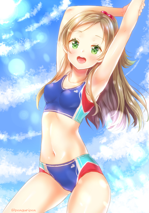 1girl, :d, arms_up, blue_buruma, blue_shirt, blue_sky, breasts, brown_hair