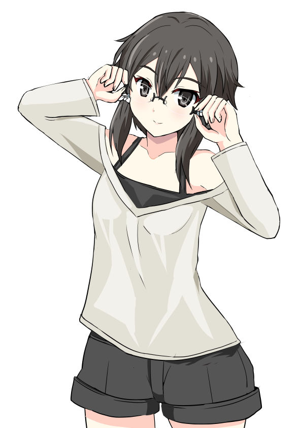 1girl, adjusting_eyewear, asada_shino, black_eyes, black_shorts, brown_hair, collarbone, cowboy_shot