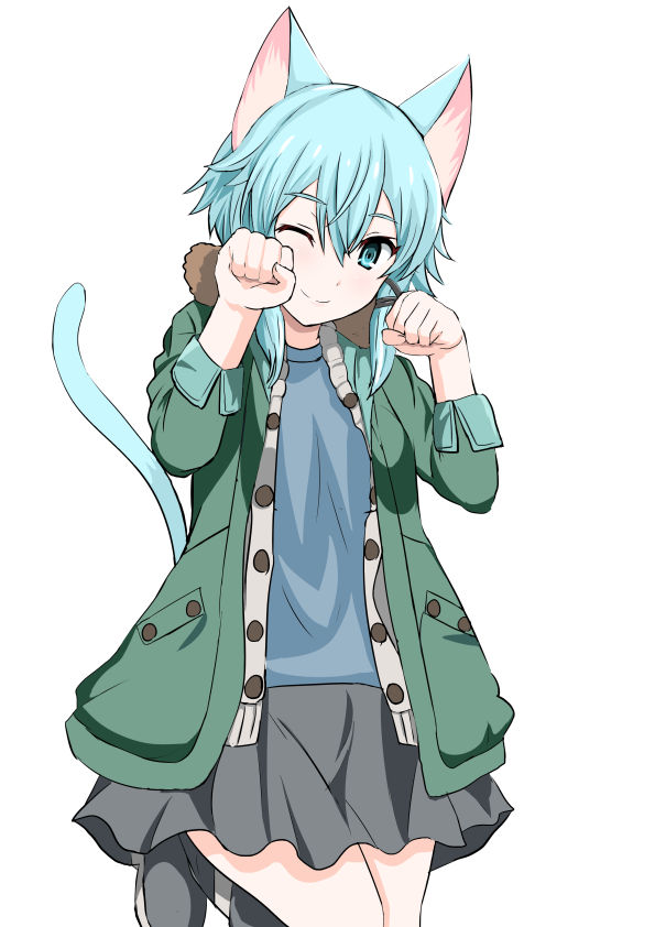 1girl, ;d, animal_ears, asada_shino, black_ribbon, blue_eyes, blue_hair, blue_shirt