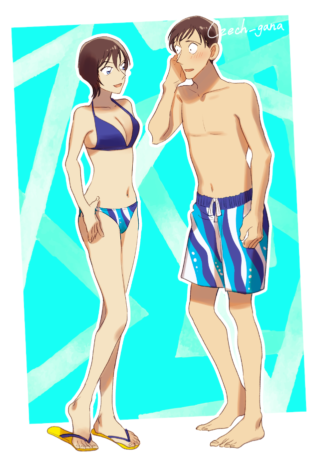 1boy, 1girl, :d, artist_name, barefoot, bikini, blue_bikini, blue_eyes