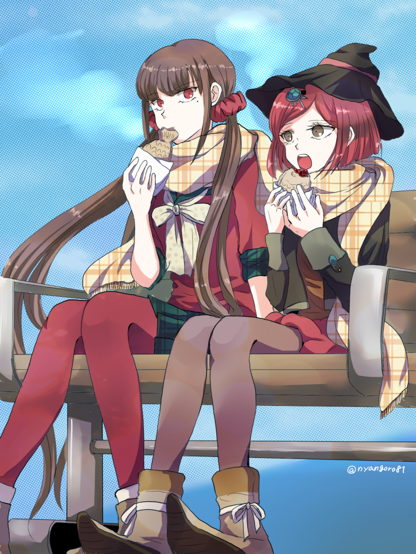 2girls, arm_support, black_hat, black_jacket, blue_sky, brown_eyes, brown_hair, brown_legwear
