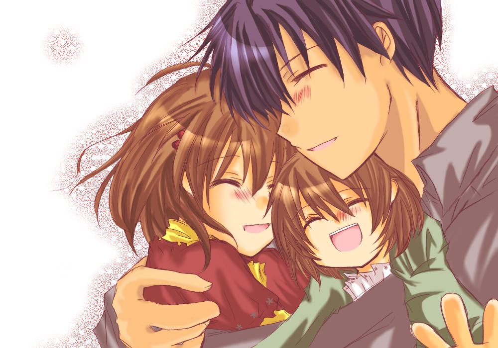 00s, 1boy, 2girls, blue_hair, brown_hair, clannad, closed_eyes, family, furukawa_nagisa, hug, husband_and_wife, minami_to_uri_to, multiple_girls, okazaki_tomoya, okazaki_ushio, short_hair