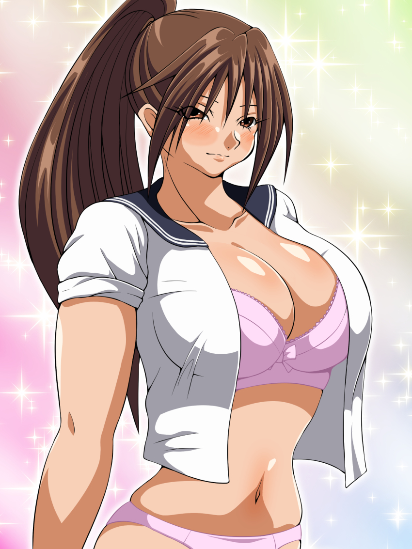 00s, 1girl, blush, bra, breasts, brown_eyes, brown_hair, cleavage