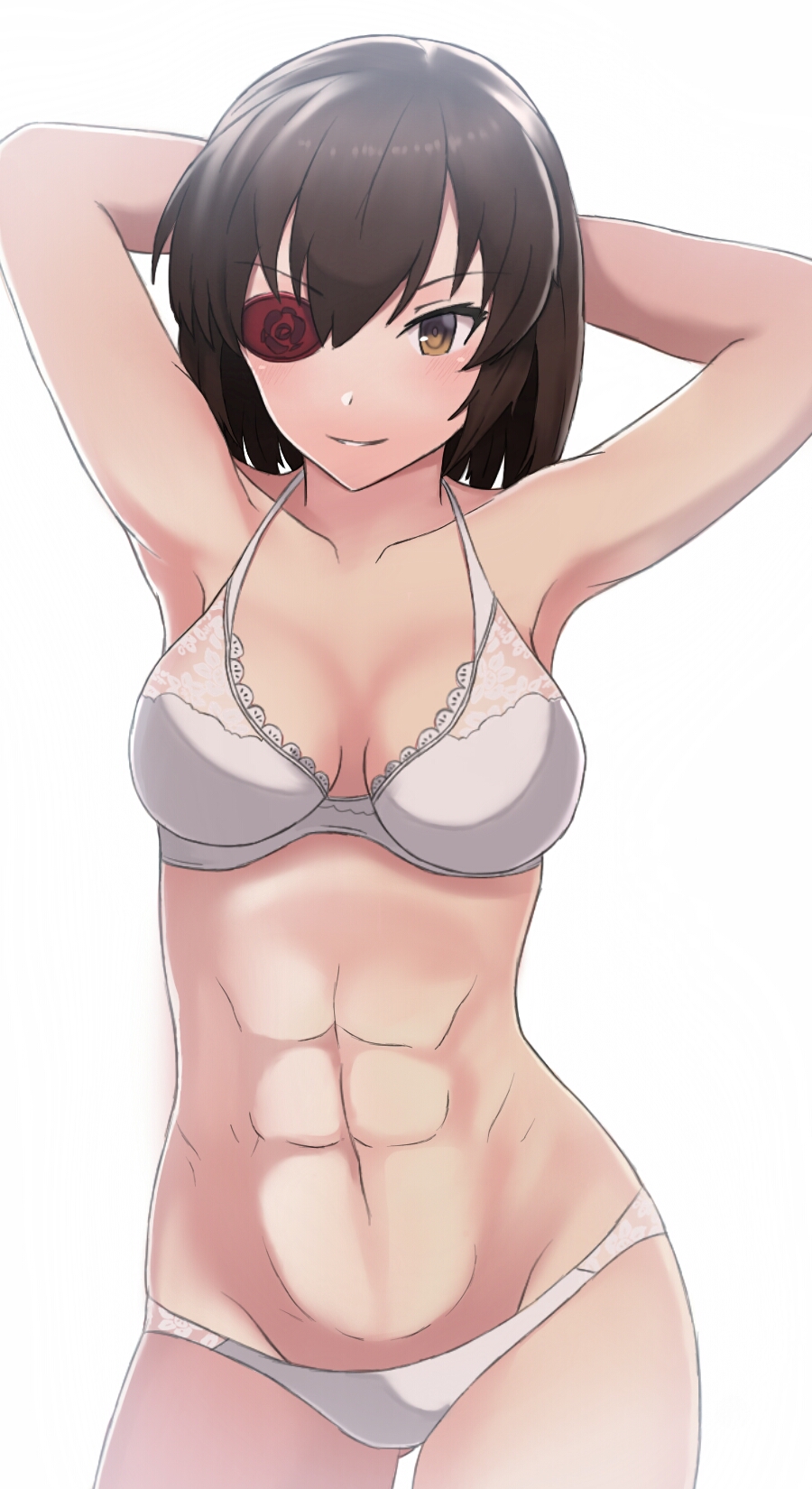10s, 1girl, abs, armpits, arms_behind_head, blush, bra, breasts