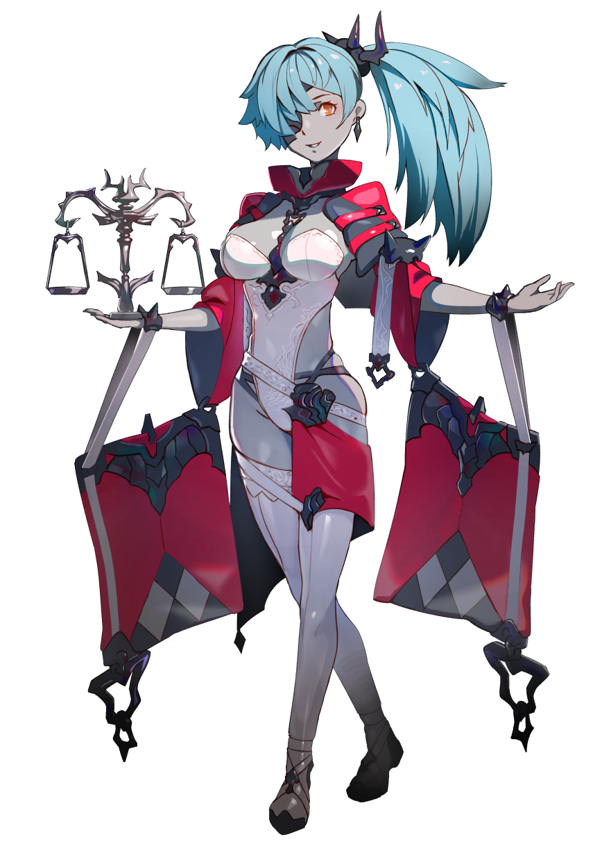 1girl, bad_id, bad_pixiv_id, balance_scale, blue_hair, bodysuit, bodysuit_under_clothes, breasts