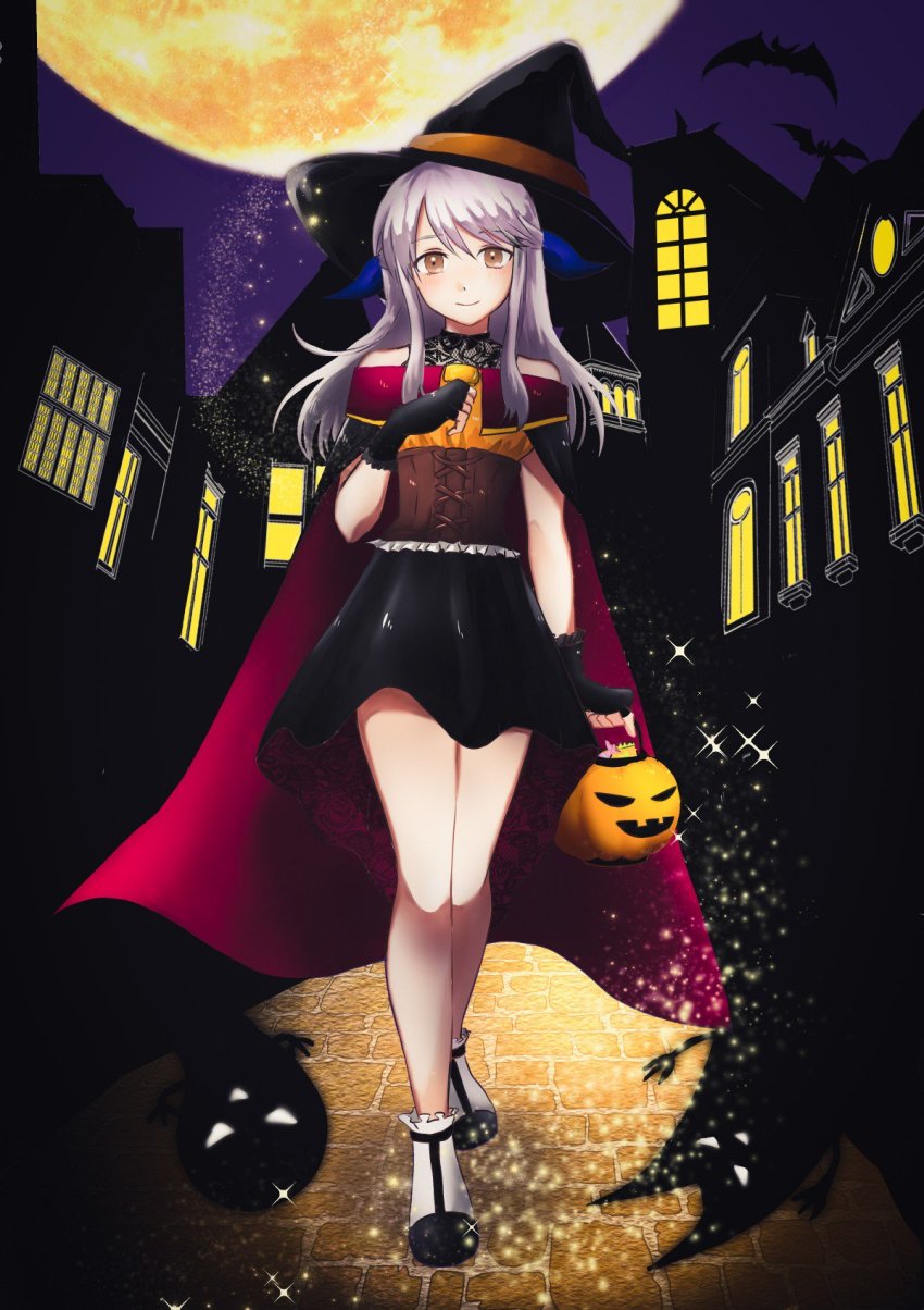1girl, alternate_costume, bare_legs, bare_shoulders, bat_(animal), black_gloves, brown_eyes, bucket
