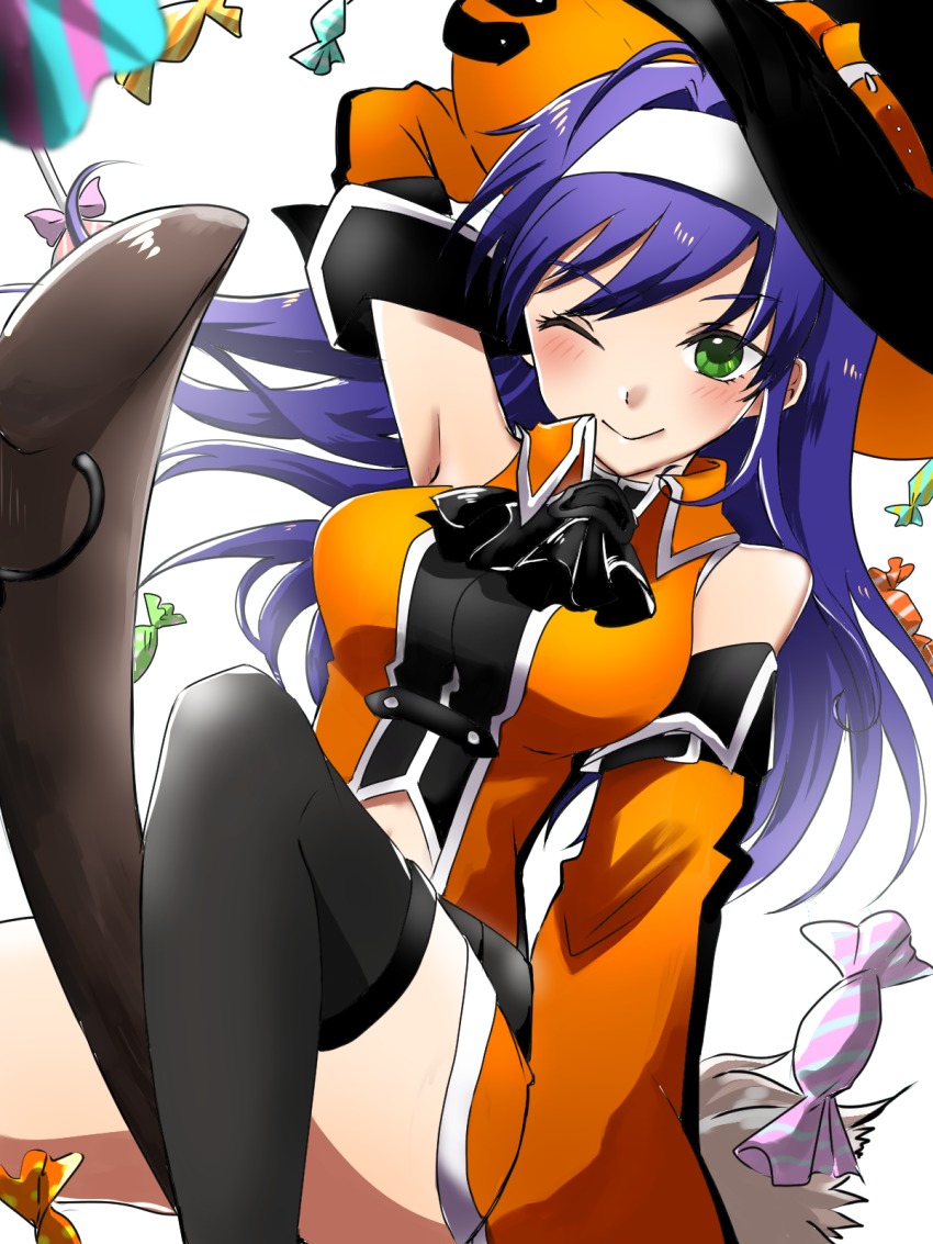 1girl, armpits, black_thighhighs, blue_hair, blush, breasts, broom, broom_riding