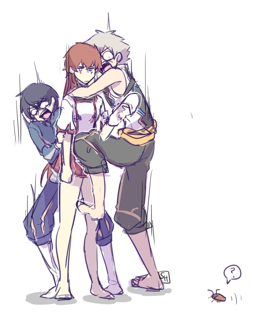 1girl, 2boys, addam_origo, armor, bug, cockroach, collarbone, feather_hair