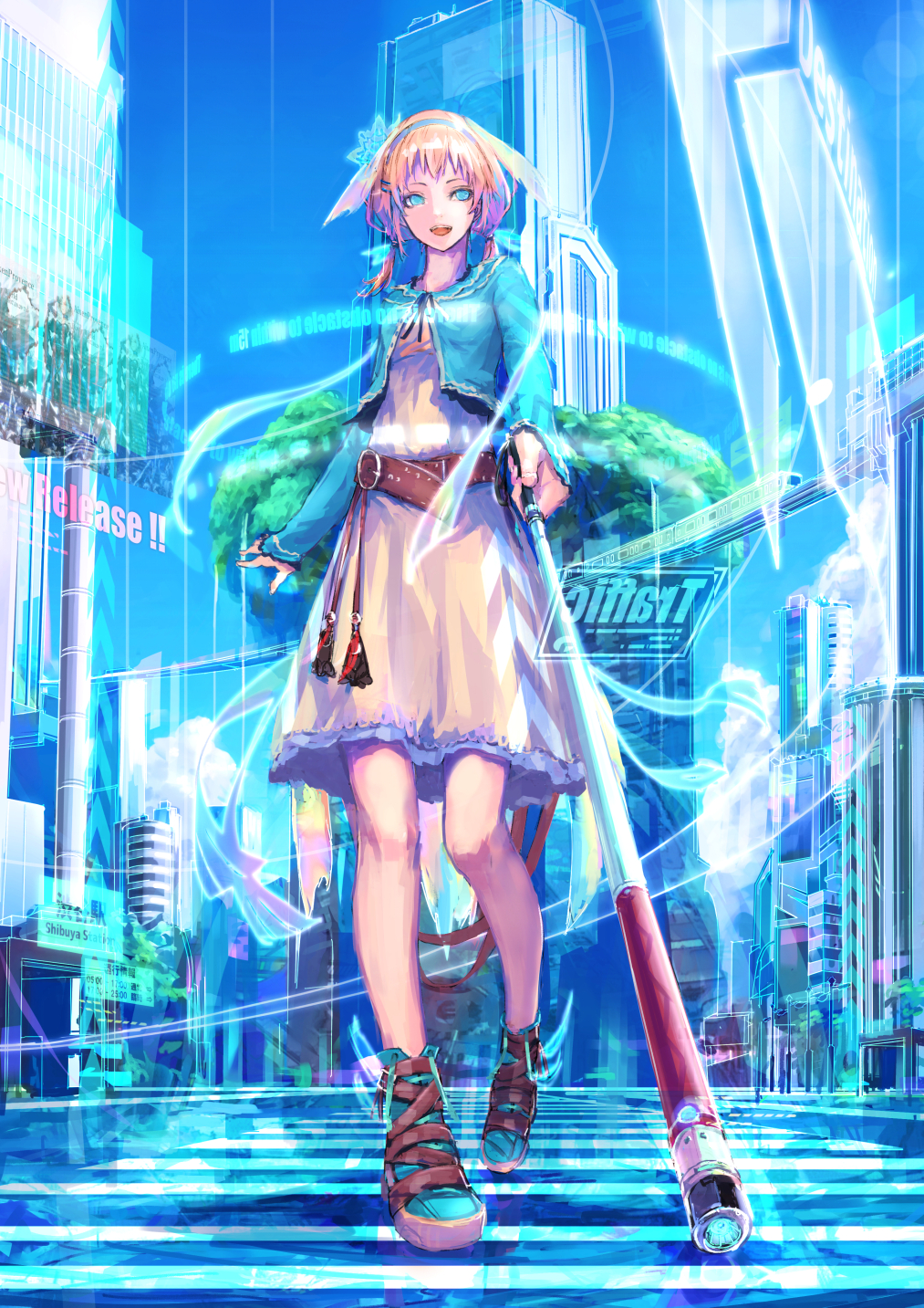 1girl, aqua_shoes, aqua_theme, belt, blind, blonde_hair, blue_eyes, blue_jacket