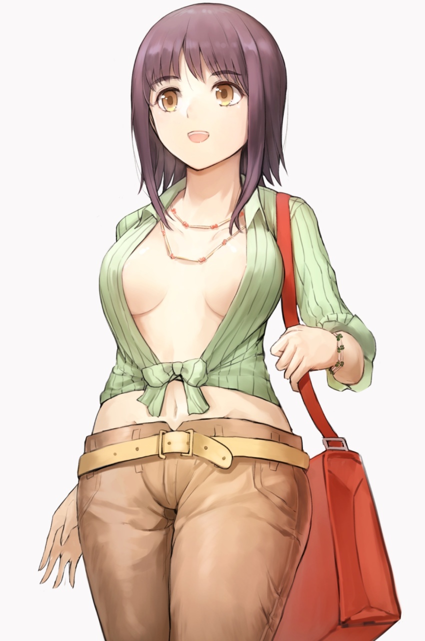 1girl, :d, bag, belt, belt_buckle, bracelet, breasts, brown_eyes