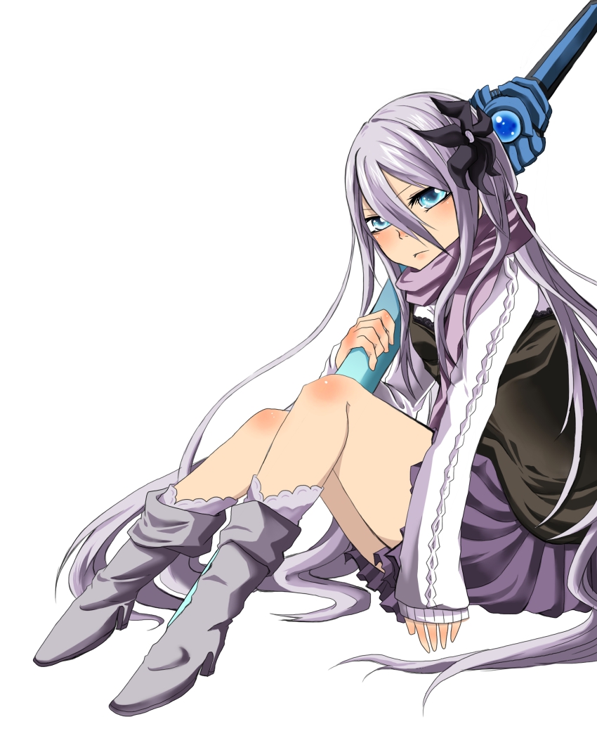 1girl, absurdres, amatsuki_colors, aqua_eyes, bad_id, bad_pixiv_id, boots, felli_loss, female_focus, flower, hair_flower, hair_ornament, highres, koukaku_no_regios, long_hair, scarf, sitting, skirt, solo, white_hair