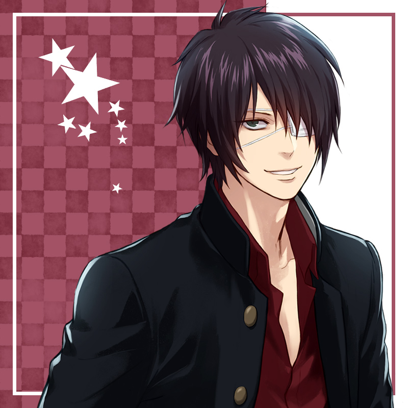1boy, bad_id, bad_pixiv_id, black_hair, black_jacket, checkered_background, cma_cmakuma, collarbone
