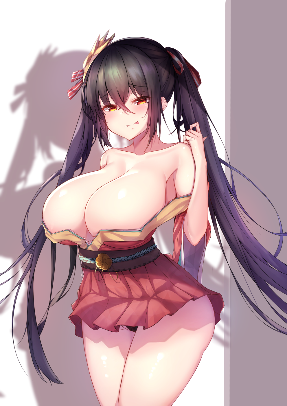 1girl, :p, azur_lane, bare_shoulders, black_hair, blush, breasts, cleavage, closed_mouth, collarbone, commentary_request, female_focus, geonjeonji, hair_ribbon, highres, huge_breasts, korean_commentary, long_hair, looking_at_viewer, orange_eyes, red_ribbon, ribbon, solo, standing, taihou_(azur_lane), tongue, tongue_out, twintails