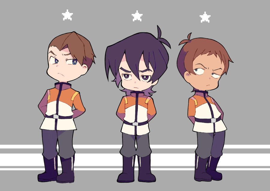 3boys, arms_behind_back, black_hair, blue_eyes, brown_hair, dark-skinned_male, dark_skin, grey_eyes, james_griffin, keith_(voltron), lance_(voltron), male_focus, miyata_(lhr), multiple_boys, star_(symbol), uniform, voltron:_legendary_defender, voltron_(series)
