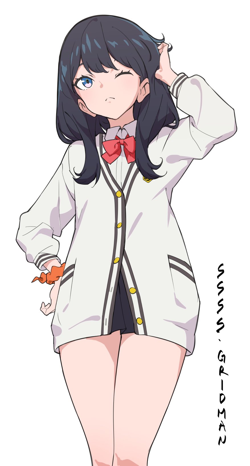 10s, 1girl, adjusting_hair, bad_id, bad_twitter_id, black_hair, blue_eyes, cardigan