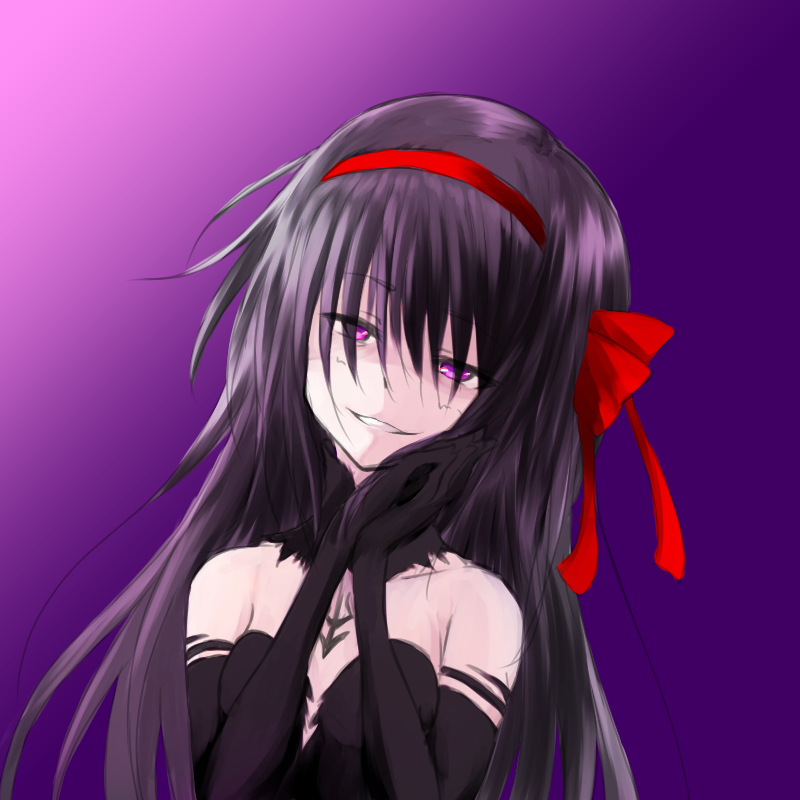 1girl, akemi_homura, akuma_homura, bare_shoulders, elbow_gloves, female_focus, gloves, hair_over_eyes