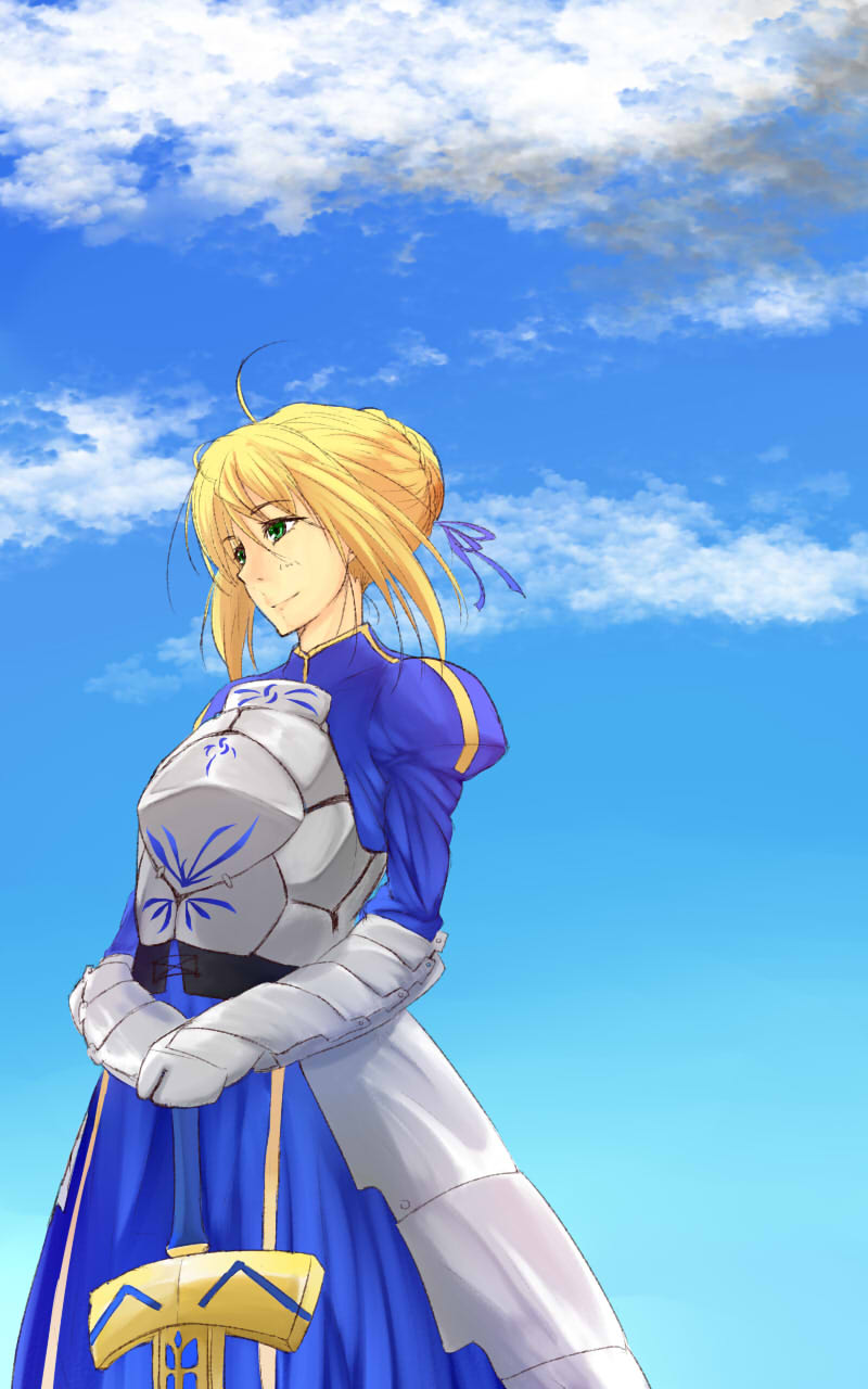 1girl, ahoge, armor, artoria_pendragon_(fate), blonde_hair, blue_ribbon, blue_sky, braid