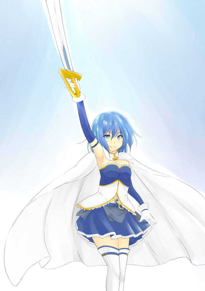 1girl, arm_above_head, armpits, bare_shoulders, blue_eyes, blue_hair, cape, detached_sleeves