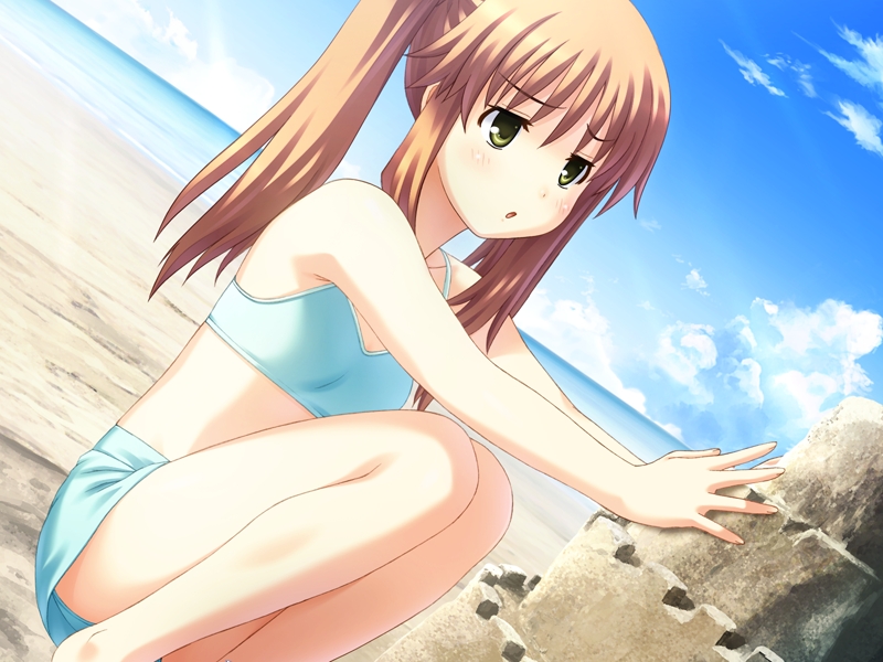 1girl, :o, annoyed, barefoot, beach, bikini, brown_hair, building_sand_sculpture