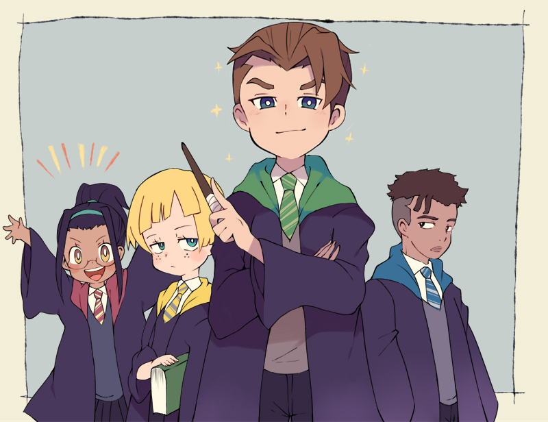 2boys, 2girls, :d, black_hair, blonde_hair, blue_eyes, book, brown_eyes, brown_hair, dark-skinned_male, dark_skin, freckles, glasses, green_eyes, harry_potter_(series), hogwarts_school_uniform, ina_leifsdottir, james_griffin, miyata_(lhr), multiple_boys, multiple_girls, nadia_rizavi, necktie, open_mouth, ponytail, robe, ryan_kinkade, school_uniform, smile, sparkle, voltron:_legendary_defender, voltron_(series), wand, wizarding_world