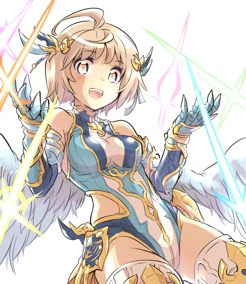 1girl, armor, elbow_gloves, feathered_wings, female_focus, gloves, hair_ornament, highres, kato_takuji, leotard, light_brown_hair, looking_at_viewer, navi_(p&amp;d), open_mouth, promotions_(meme), puzzle_&amp;_dragons, short_hair, simple_background, solo, thighhighs, white_background, white_wings, wings, yellow_eyes