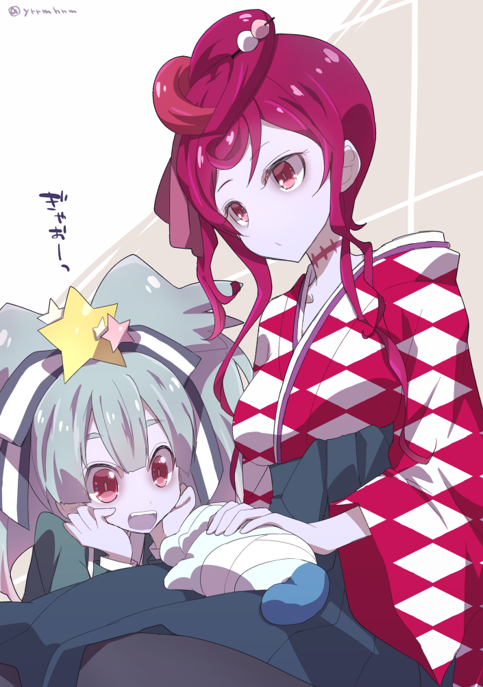 10s, 2girls, animal, black_legwear, colored_skin, dango_hair_ornament, dog, food-themed_hair_ornament