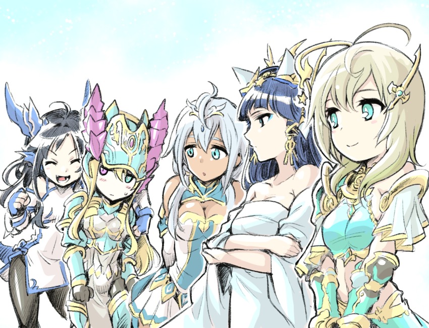 >:d, 5girls, ahoge, andromeda_(p&amp;d), aqua_eyes, arm_on_another's_shoulder, arms_behind_back, bare_shoulders