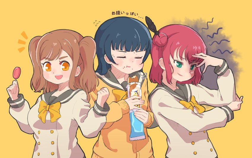 3girls, :d, black_feathers, blue_hair, bow, bowtie, buttons, candy, cardigan, clenched_hands, commentary_request, cosplay, dodapan, double-breasted, eating, feather_hair_ornament, feathers, flying_sweatdrops, food, food_on_face, gloom_(expression), hair_bun, hair_ornament, hand_on_own_elbow, hand_on_own_face, hands_up, holding, holding_candy, holding_food, holding_lollipop, huke_(style), korean_commentary, kunikida_hanamaru, kunikida_hanamaru_(cosplay), kurosawa_ruby, kurosawa_ruby_(cosplay), lollipop, long_hair, long_sleeves, love_live!, love_live!_sunshine!!, multiple_girls, noppo_bread, open_mouth, personality_switch, red_hair, school_uniform, serafuku, side_bun, single_side_bun, smile, translation_request, tsushima_yoshiko, tsushima_yoshiko_(cosplay), two_side_up, upper_body, uranohoshi_school_uniform, v-shaped_eyebrows, yellow_background, yellow_cardigan, yellow_neckwear