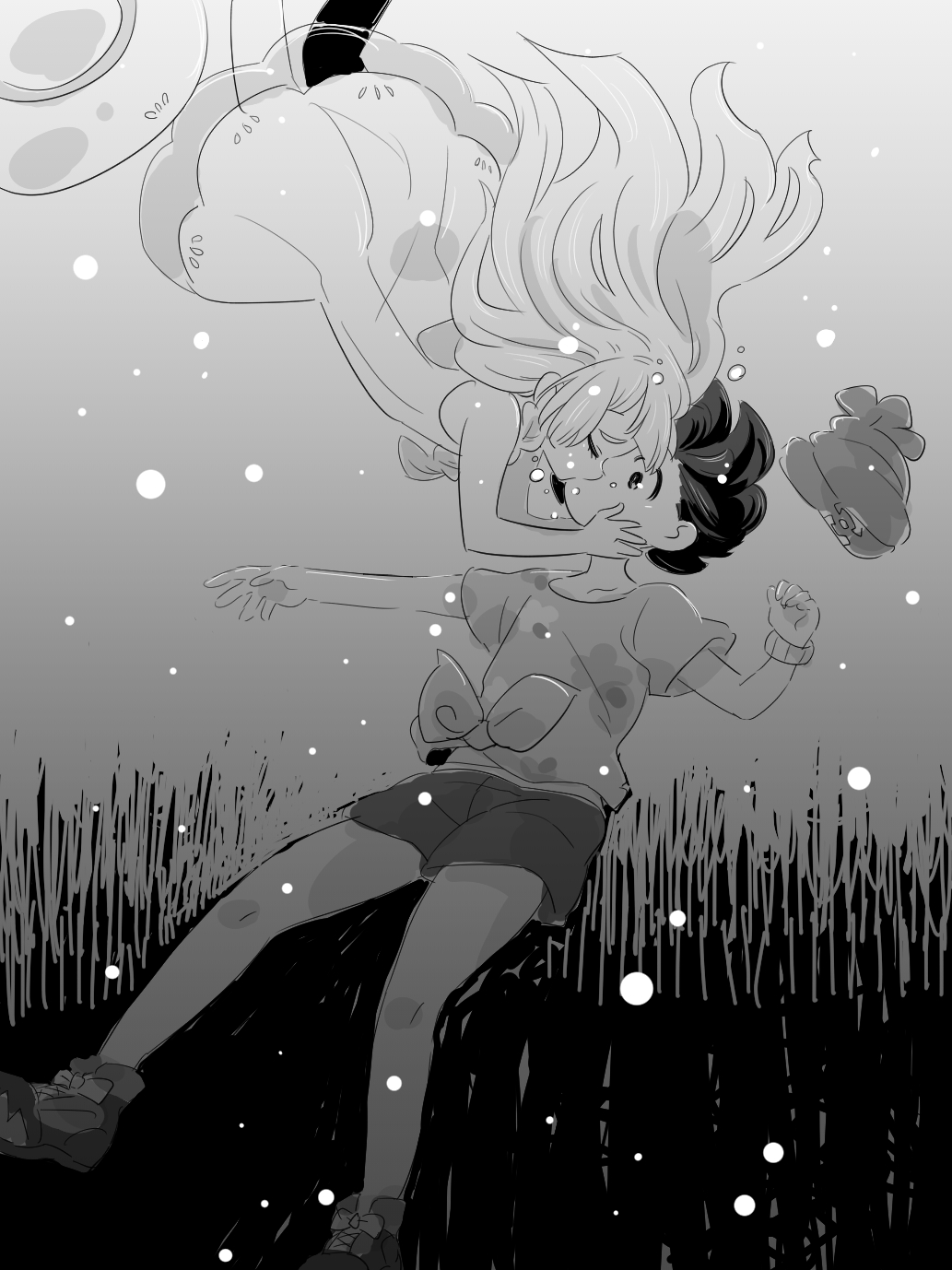 2girls, amagaeru_(amapippi052525), beanie, blonde_hair, blunt_bangs, braid, closed_eyes, collared_dress