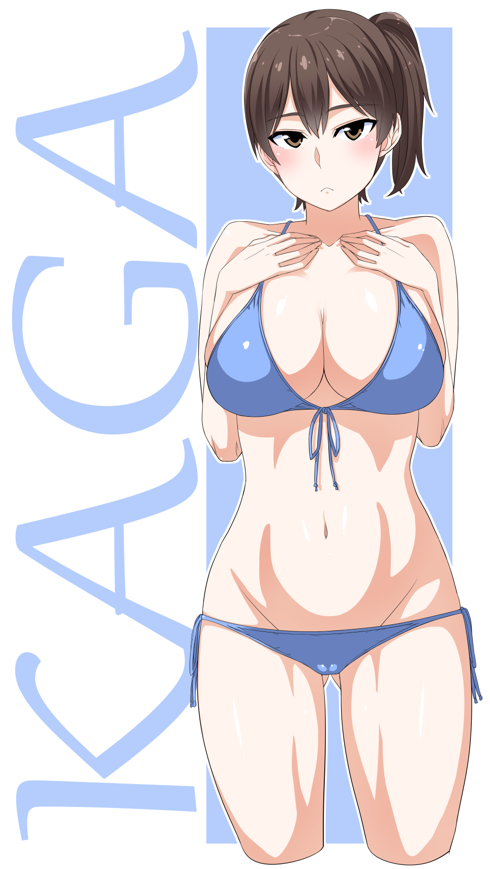 1girl, :<, bikini, blue_bikini, blush, breasts, brown_eyes, brown_hair