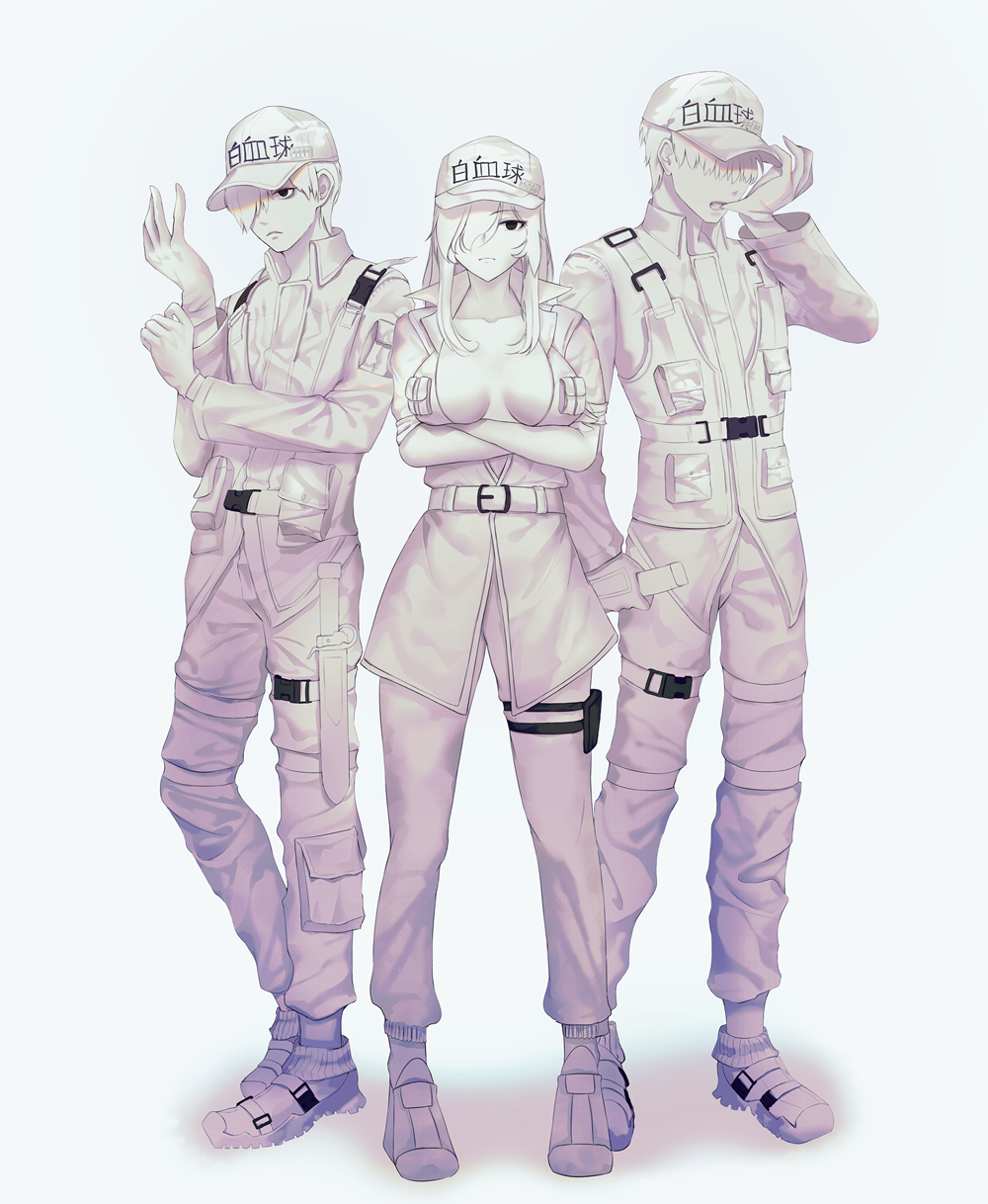 10s, 1girl, 2boys, adjusting_clothes, adjusting_gloves, baseball_cap, belt, black_eyes