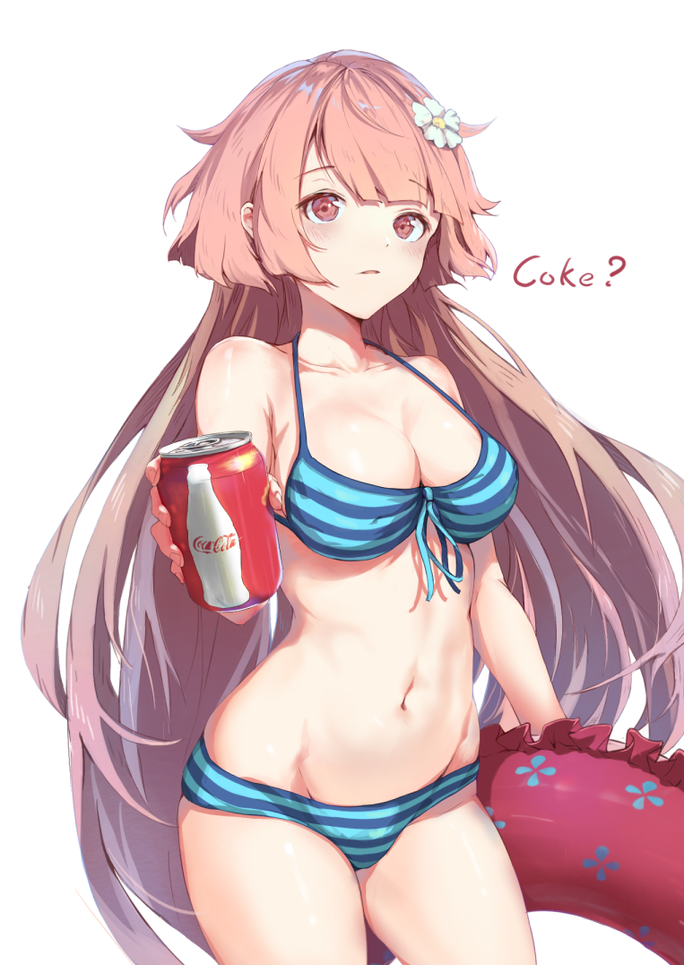 1girl, bare_arms, bare_shoulders, bikini, blue_bikini, blush, breasts, brown_hair, can, cleavage, coca-cola, coke, commentary_request, cowboy_shot, drink_can, female_focus, flower, front-tie_bikini_top, front-tie_top, girls'_frontline, hair_flower, hair_ornament, holding, holding_can, innertube, long_hair, looking_at_viewer, medium_breasts, navel, ntw-20_(girls'_frontline), ntw-20_(op._blazing_sun)_(girls'_frontline), official_alternate_costume, parted_lips, red_eyes, simple_background, soda, soda_can, solo, standing, striped_bikini, striped_clothes, swim_ring, swimsuit, toki_(yoyobozi), very_long_hair, white_background, white_flower