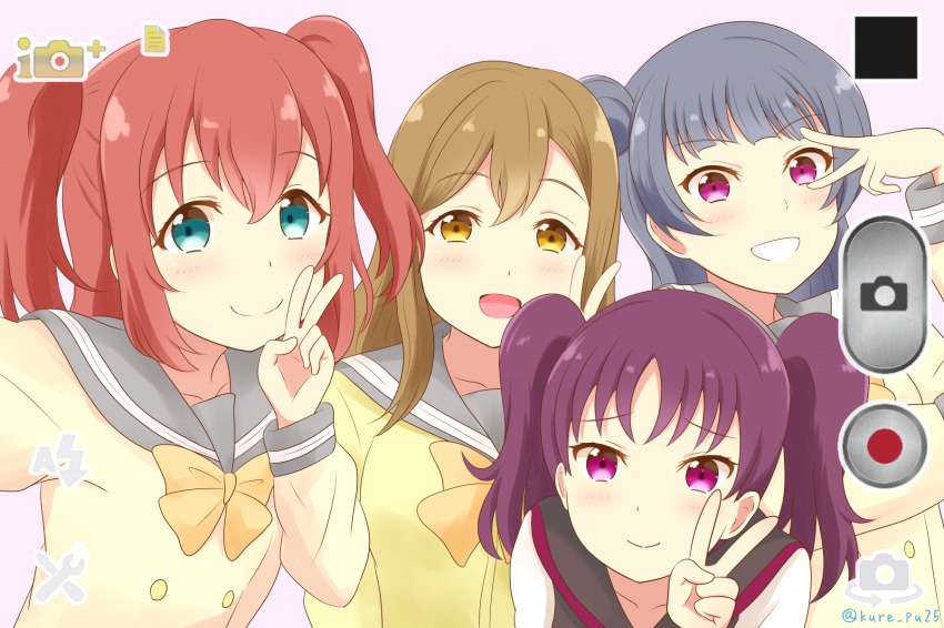 4girls, :d, blue_eyes, blue_hair, bow, bowtie, brown_hair, cardigan