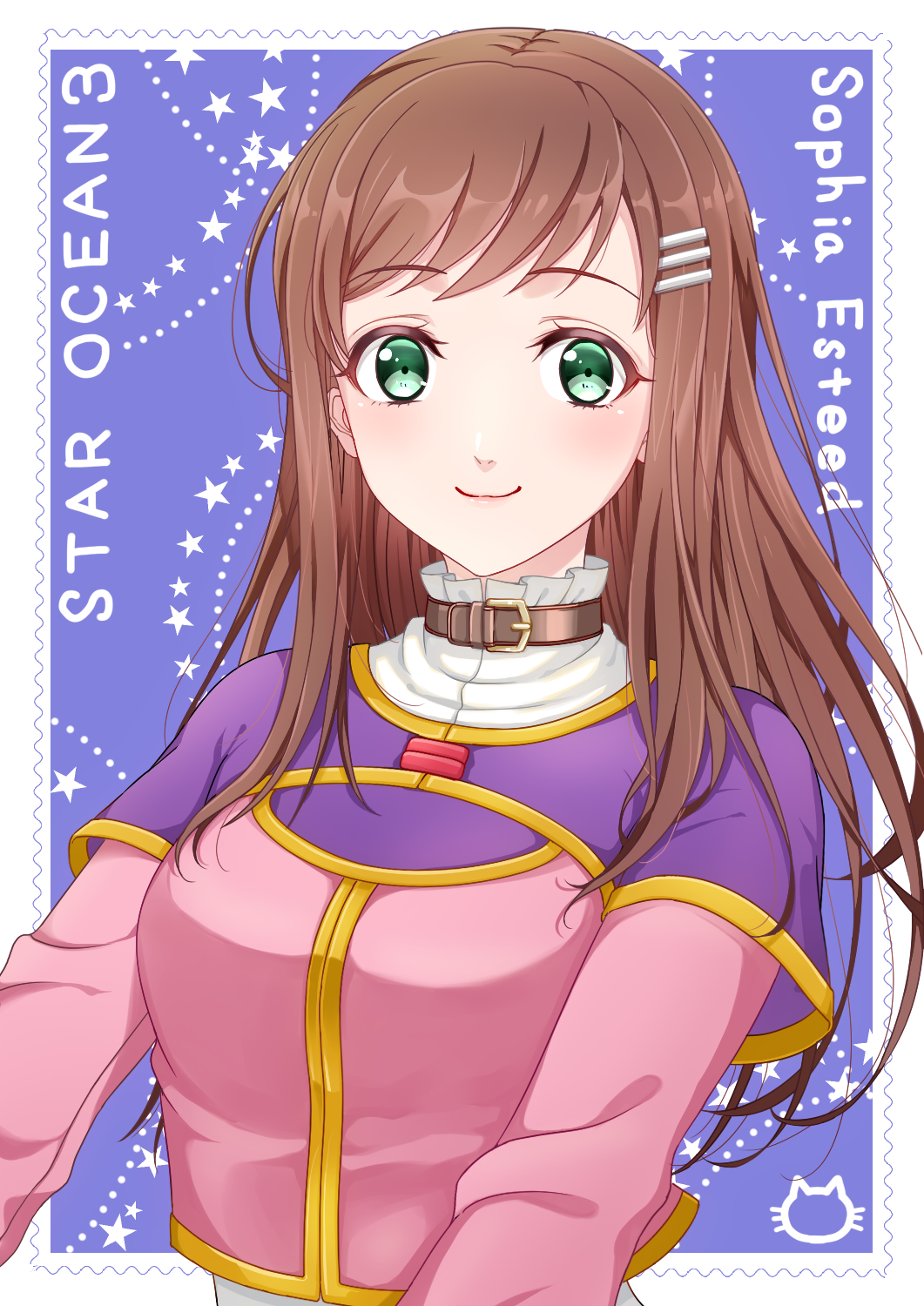 1girl, ayakura_azuma, belt_collar, brown_hair, character_name, collar, copyright_name, female_focus, green_eyes, hair_ornament, hairclip, highres, looking_at_viewer, simple_background, smile, solo, sophia_esteed, star_(symbol), star_ocean, star_ocean:_till_the_end_of_time, upper_body