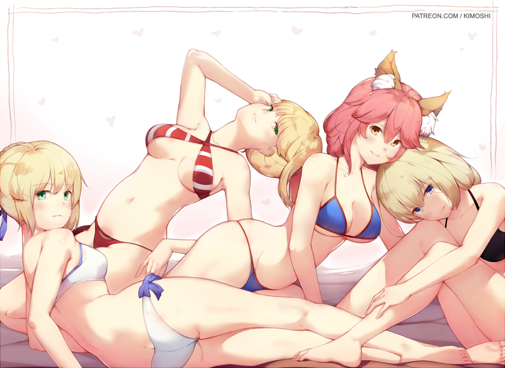 4girls, animal_ear_fluff, animal_ears, arm_support, artist_name, artoria_pendragon_(fate), ass, bare_arms