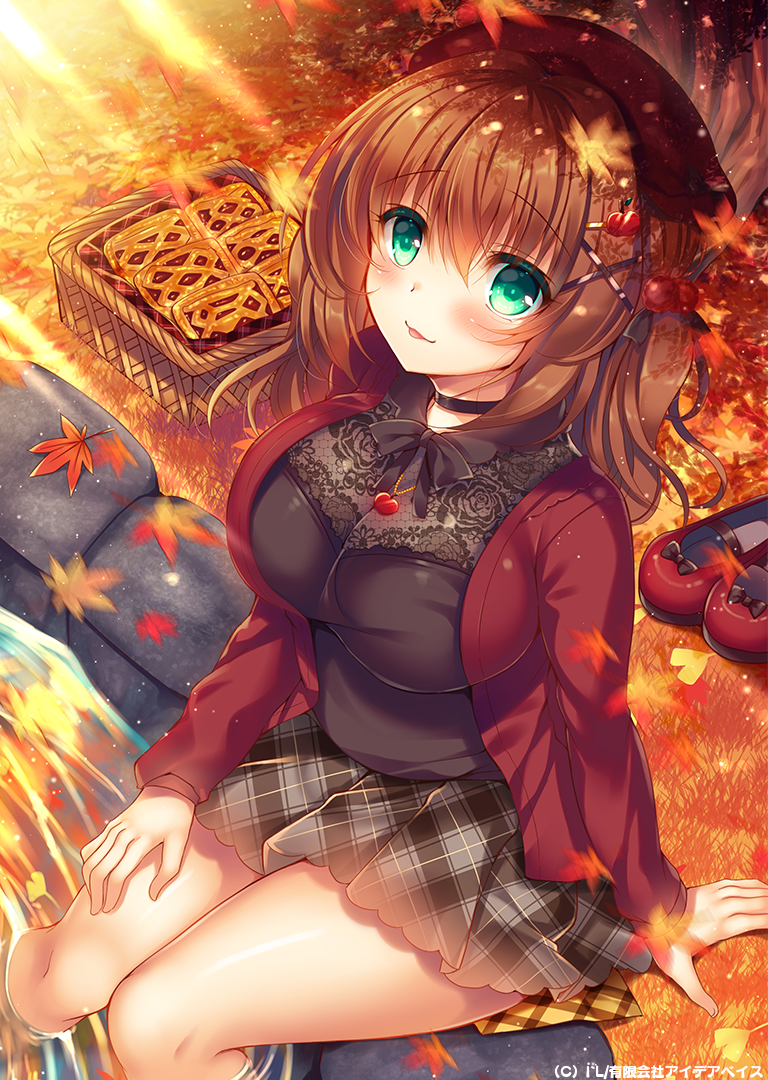 1girl, :p, aoki_kaede, apple_hair_ornament, arm_support, autumn_leaves, basket, beret