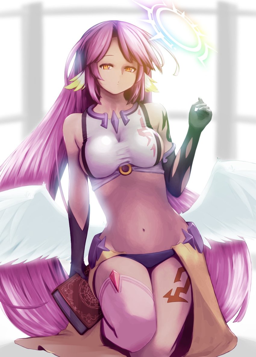 1girl, angel_wings, asymmetrical_legwear, book, breasts, commentary_request, crop_top, feathered_wings, female_focus, gloves, halo, highres, holding, holding_book, jibril_(no_game_no_life), large_breasts, long_hair, looking_at_viewer, low_wings, magic_circle, mibushido_(milking), midriff, mismatched_legwear, multicolored_eyes, navel, no_game_no_life, orange_eyes, pink_hair, sideboob, solo, spiked_halo, tattoo, very_long_hair, white_wings, wing_ears, wings, yellow_eyes