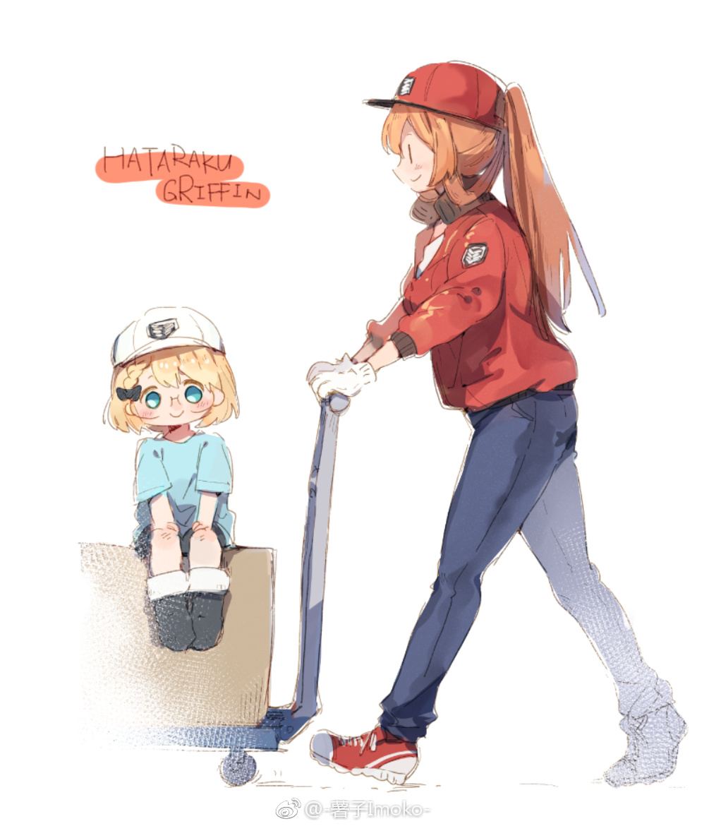 10s, 2girls, aged_down, artist_request, blonde_hair, box, brown_hair, cart