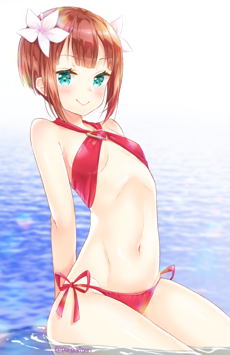 10s, 1girl, arm_behind_back, bikini, blush, breasts, brown_hair, female_focus